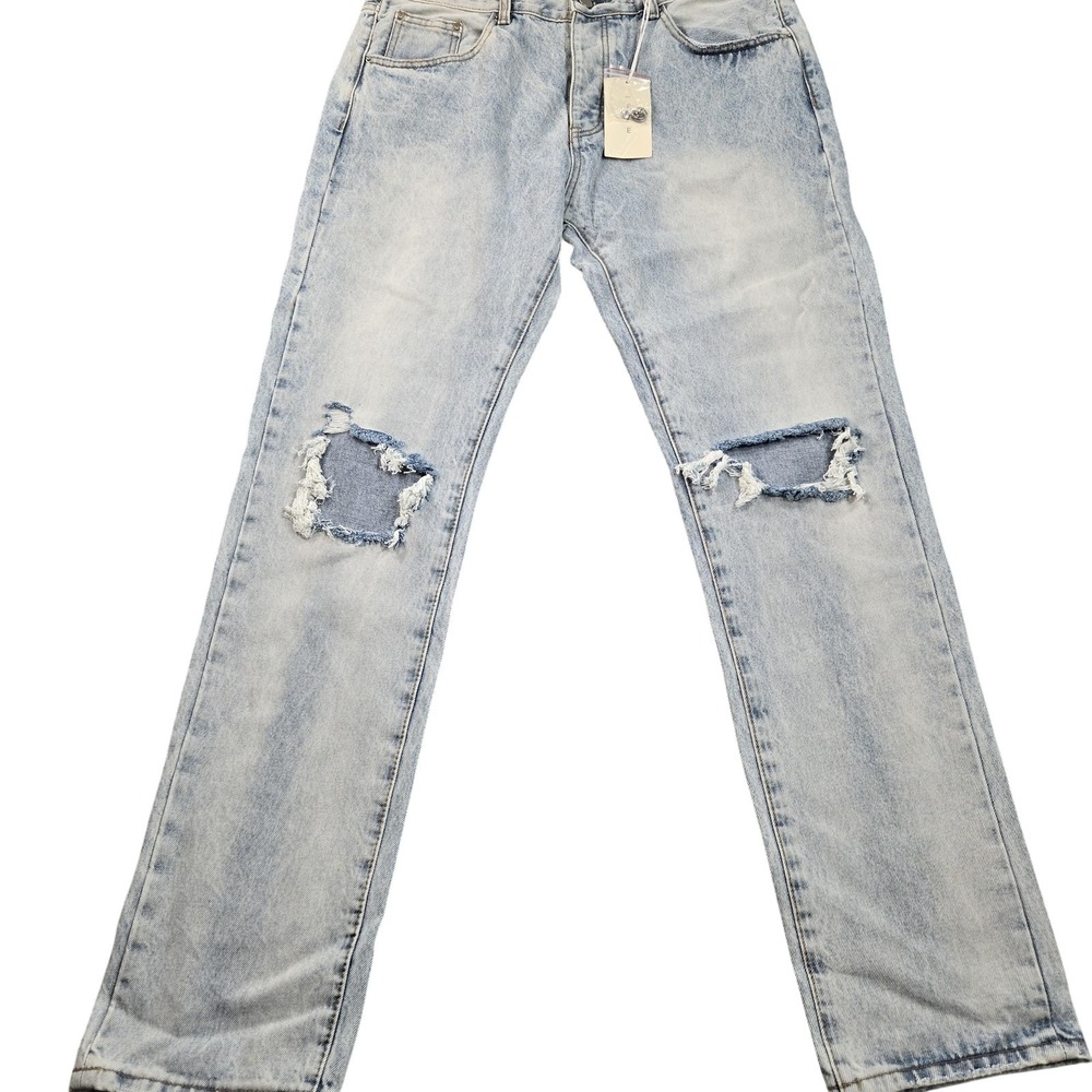 Mnml Jeans Mens 38x33 Light Wash Blue Distressed Straight Denim Ripped Knees